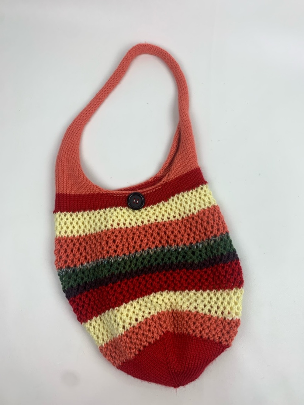 Hand-Knit Striped crochet Shoulder hobo Bag Coral Red Cream green BOHO button